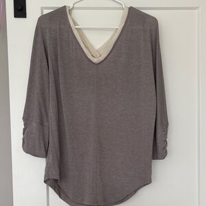Deletta Layered V-Neck Tunic in Taupe with Cream Inset